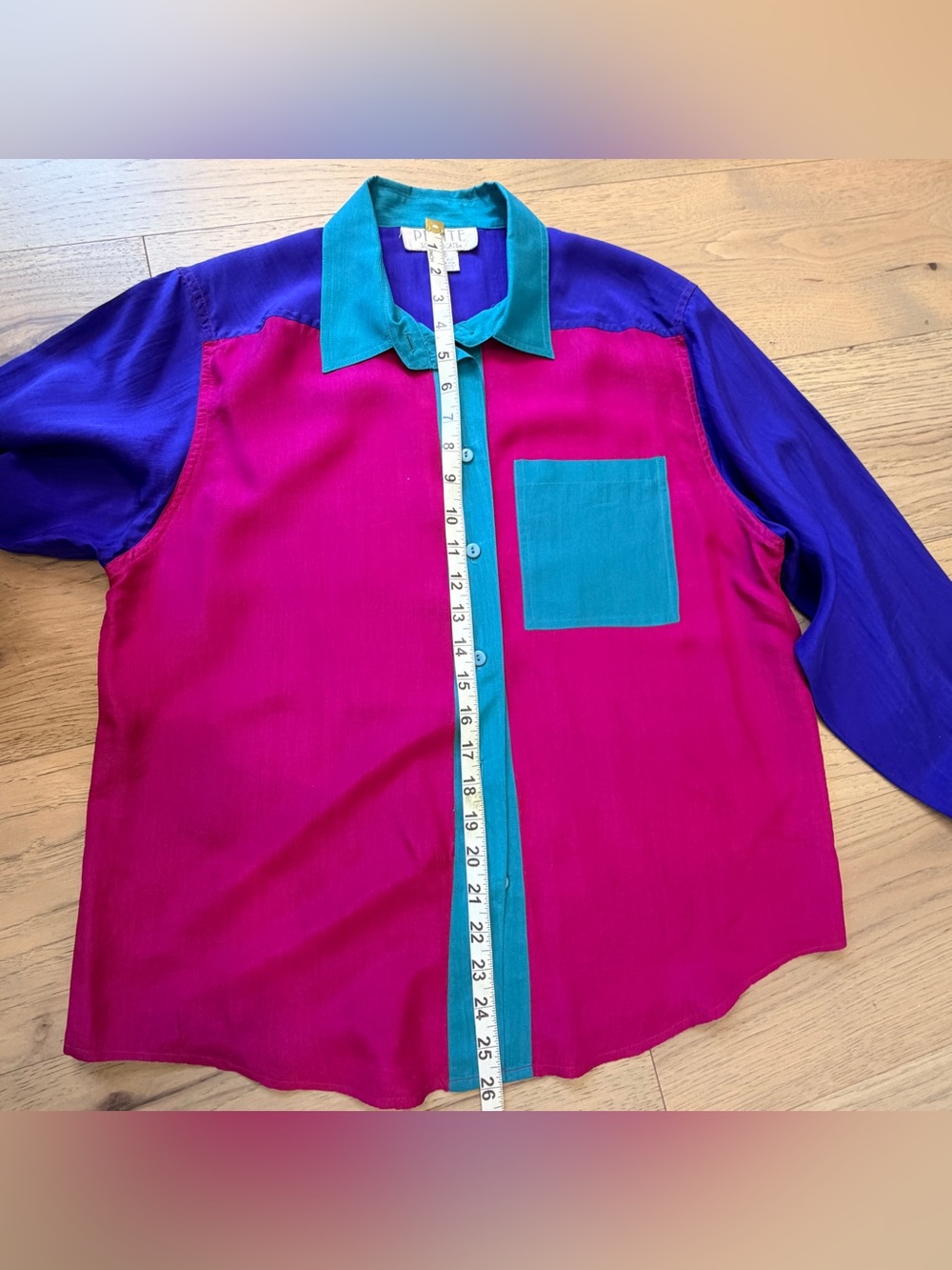 Vintage Silk Petite Sophisticate Color Block Blouse Medium Pink Teal Purple Y2K - Picture 13 of 13